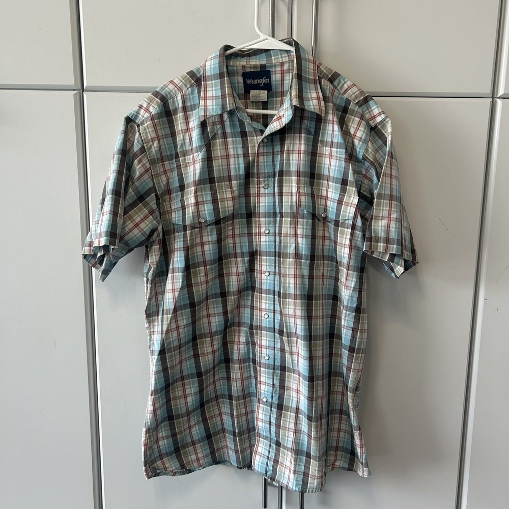 Wrangler Mens Blue Plaid Short Sleeve Western Pearl Snap Shirt XLT MWR310M